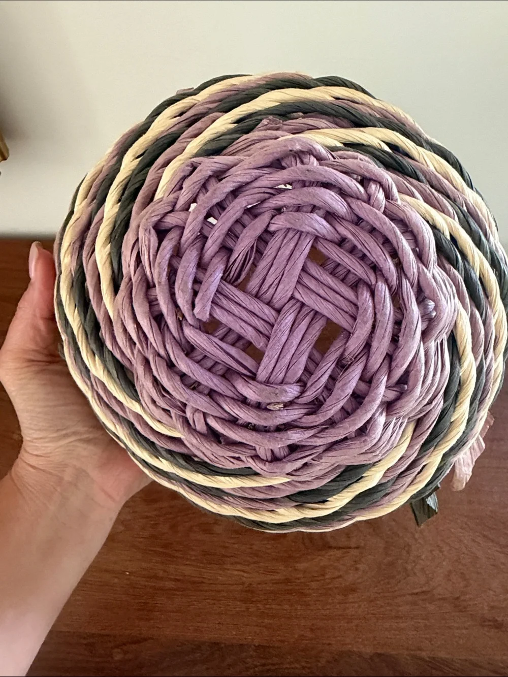 Handwoven Decorative Twisted Rope Basket — Pink, Green, Cream